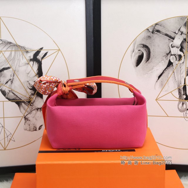 Hermes女包 愛馬仕飯盒包 Trousse Bride-A-Brace Hermes帆布便當包 玫紅  tdh2158